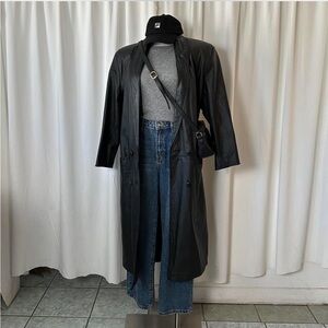 Vintage Pelle Club black long leather trench coat size Medium.